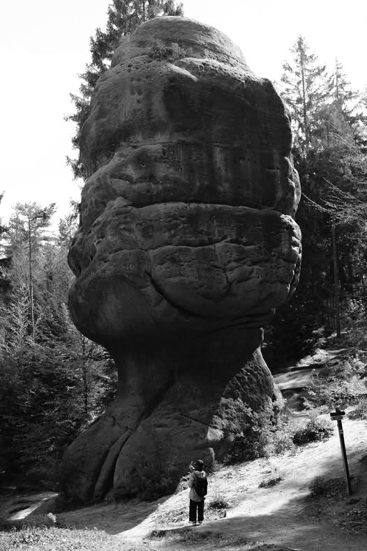 May be a black-and-white image of 1 person and Mount Rushmore